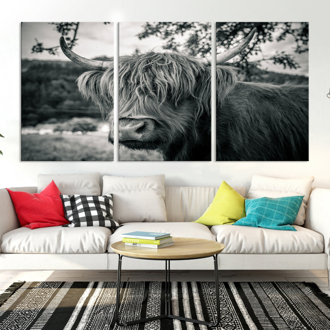 Beautiful Highland Cow Wall Art Large Canvas Print Black and White Wall Decor