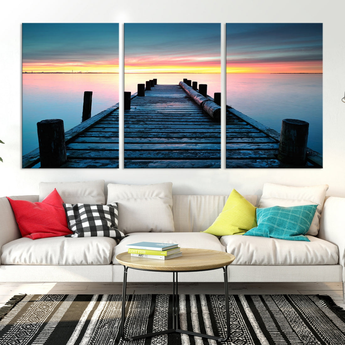 Fantastic Sunset over the Horizon Old Pier Seascape Ocean Wall Art Canvas Print