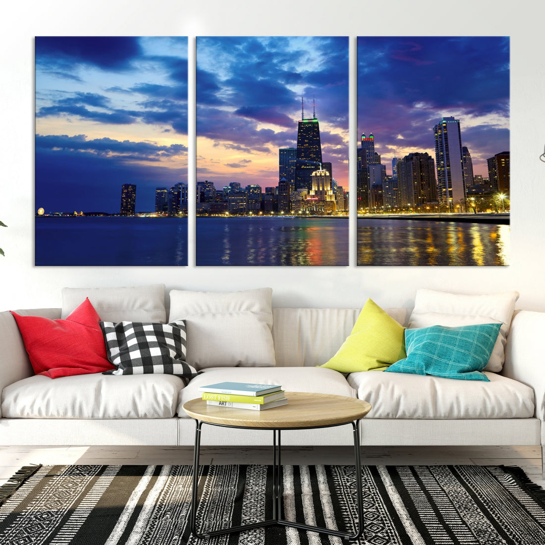 Blue Chicago Night Skyline Downtown Cityscape Large Wall Art Canvas Print