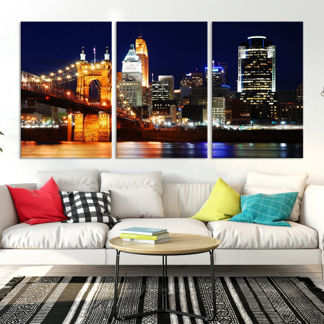 Cincinnati Bright Lights Night Skyline Canvas Wall Art Framed Print