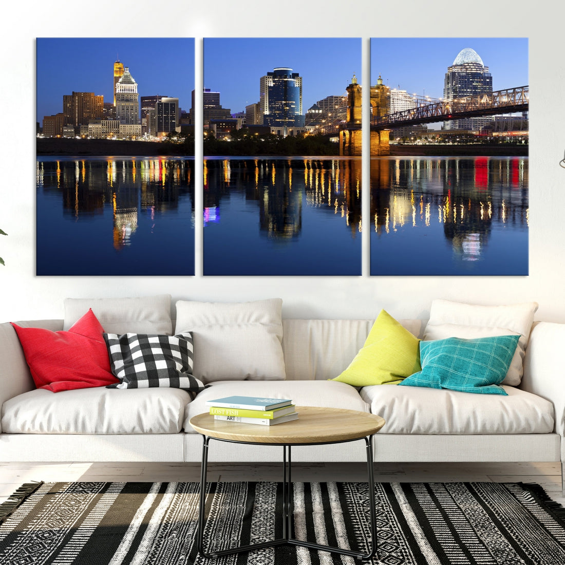 Cincinnati Night Skyline Reflections Large Cityscape Wall Art Canvas Print