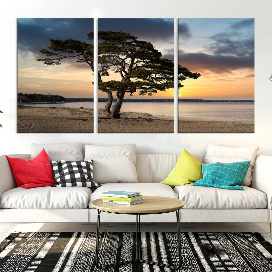 Big Tree Beach Coastal Sunset Wall Art Canvas Print Framed