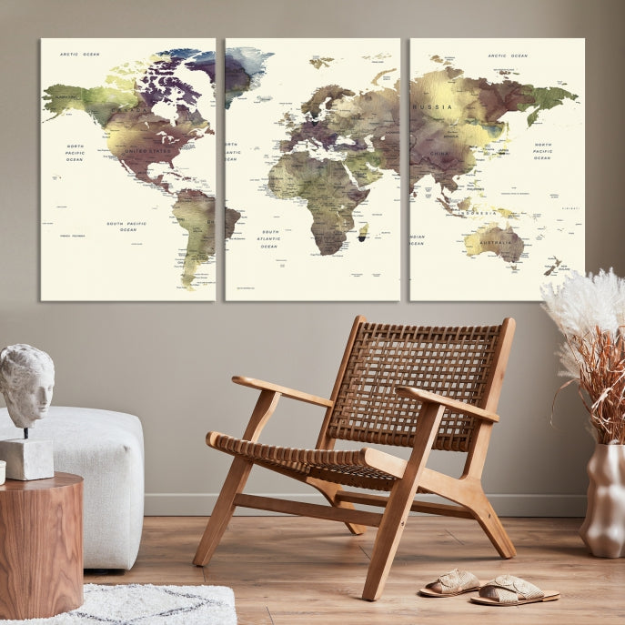 Vivid Colors Detailed World Map Wall Art Push Pin Travel Map Canvas Print