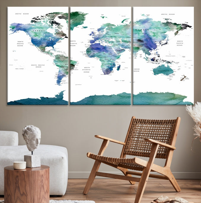 Vivid Colored World Map Push Pin Travel Map Canvas Wall Art Giclee Print