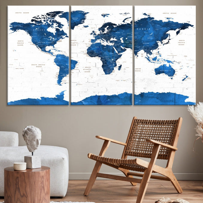 Blue Extra Large Framed Push Pin World Map Wall Art Canvas Print