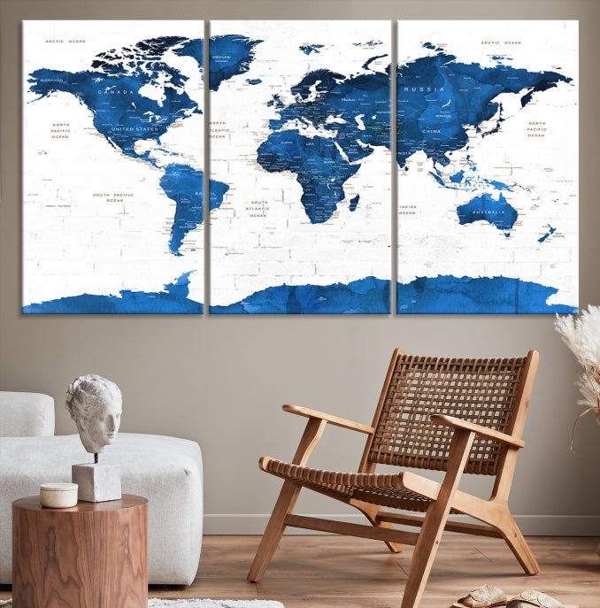 Blue Extra Large Framed Push Pin World Map Wall Art Canvas Print