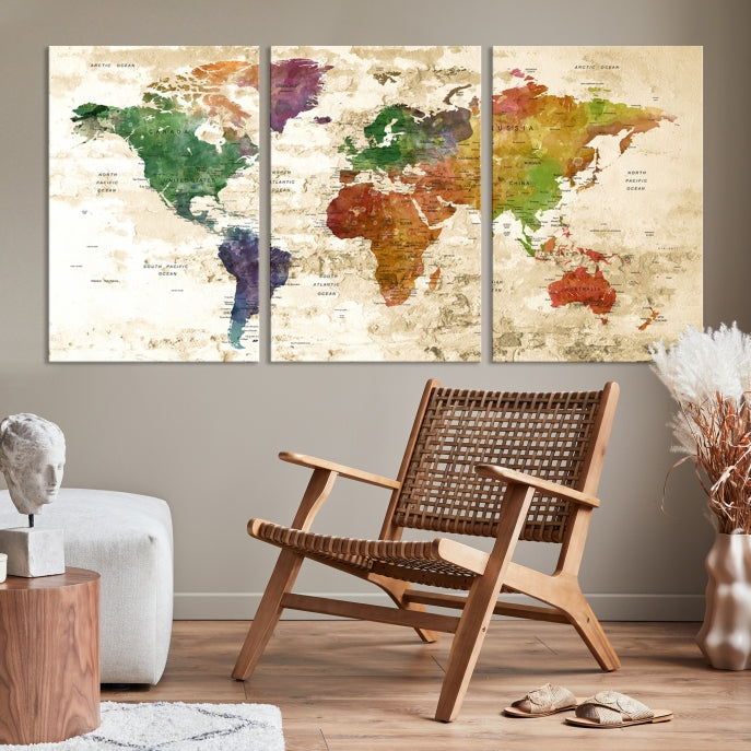 Push Pin World Map Canvas Print with Brownish Background Extra Large Framed Map Poster