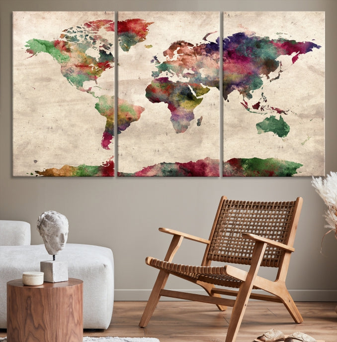 Colorful Watercolor World Map Framed Canvas Wall Art Giclee Print