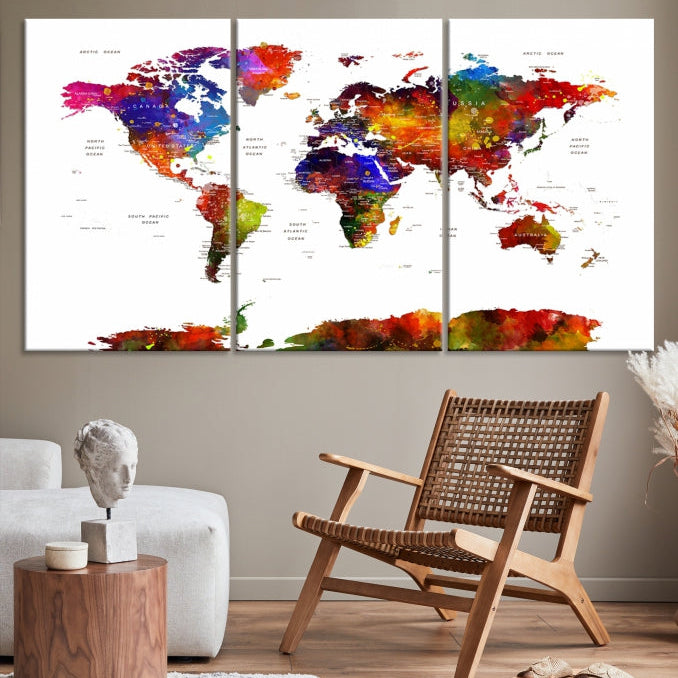 Extra Large Colorful World Map Framed Canvas Wall Art Print