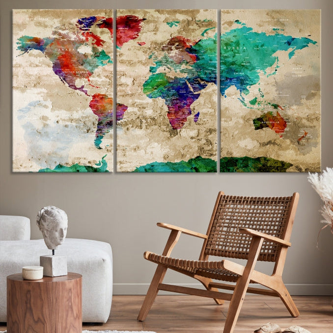 Multi Panel World Map with Push Pins Detailed Map Canvas Wall Art Print