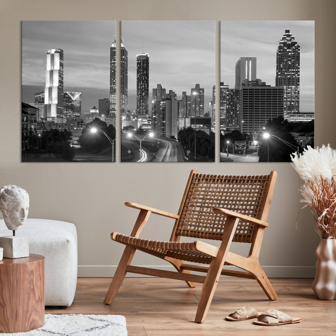 Atlanta City Cloudy Skyline Black and White Cityscape Canvas Print