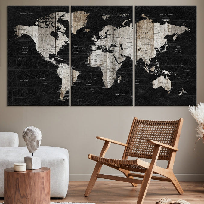 Black Push Pin World Map Detailed Framed Wall Art Canvas Print