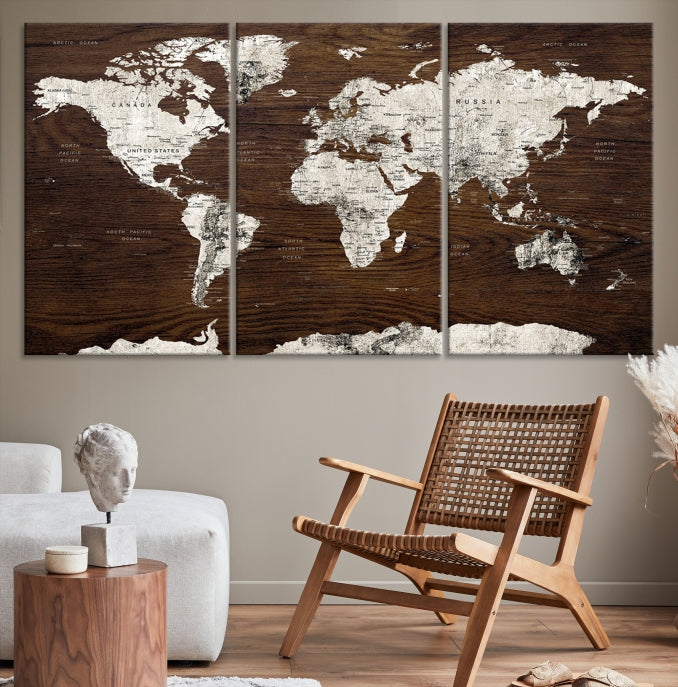 White Coloured World Map on Brown Background Large Canvas Print Wall Art