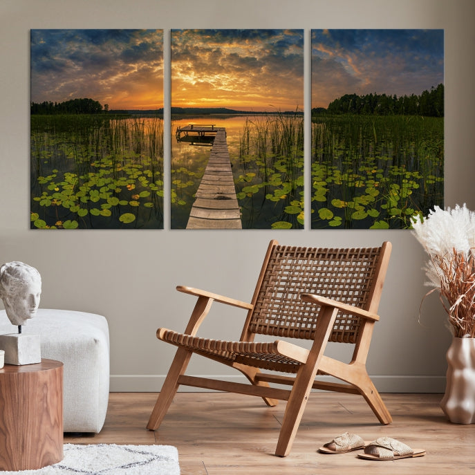 Flowers and Sunset at Lake Wall Art Natural Landscape Canvas Print