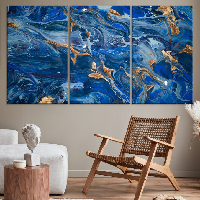 Navy Blue Marble Fluid Effect Abstract Painting Canvas Wall Art Giclee Print