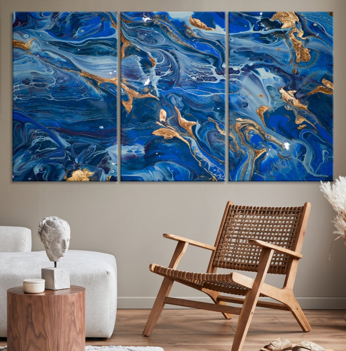 Navy Blue Marble Fluid Effect Abstract Painting Canvas Wall Art Giclee Print