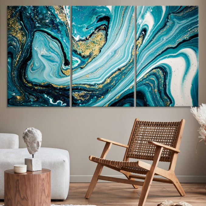 Turquoise Gold Marble Modern Abstract Painting Large Canvas Wall Art Giclee Print