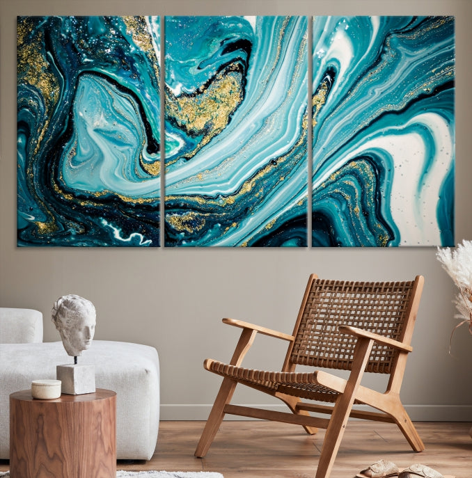 Turquoise Gold Marble Modern Abstract Painting Large Canvas Wall Art Giclee Print