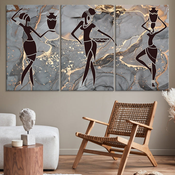 Gray Gold African Women Canvas Art Print Framed Ready to Hang