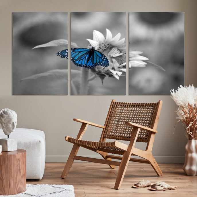 Pretty Blue Butterfly Black and White Canvas Wall Art Print Framed Ready to Hang