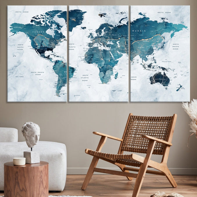 Blue World Map Extra Large Wall Art Canvas Print