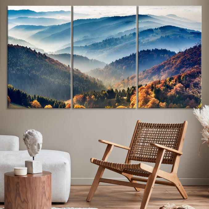 Mountain Misty Forest Foggy Autumn Framed Canvas Wall Art Giclee Print