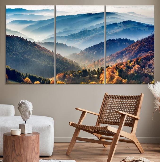 Mountain Misty Forest Foggy Autumn Framed Canvas Wall Art Giclee Print