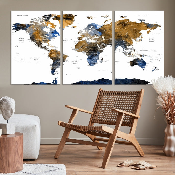 Push Pin Watercolor World Map Framed Canvas Wall Art Print