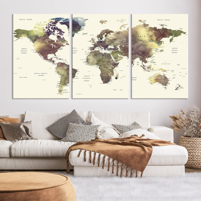 Vivid Colors Detailed World Map Wall Art Push Pin Travel Map Canvas Print