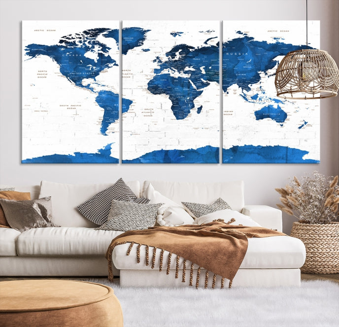 Blue Extra Large Framed Push Pin World Map Wall Art Canvas Print