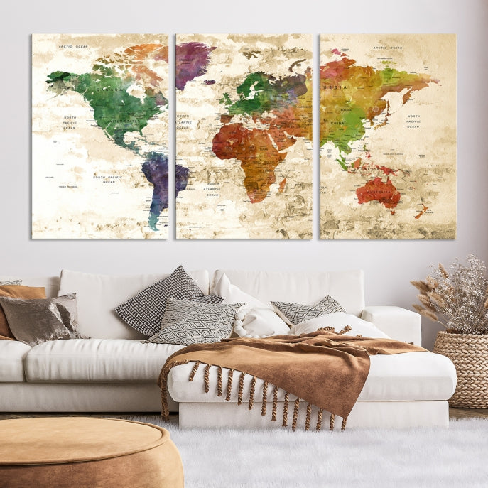 Push Pin World Map Canvas Print with Brownish Background Extra Large Framed Map Poster