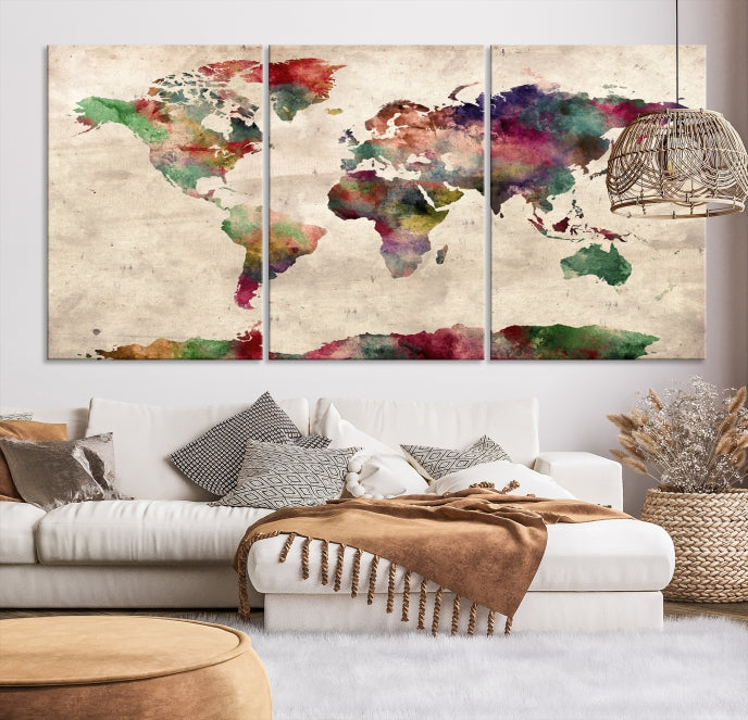 Colorful Watercolor World Map Framed Canvas Wall Art Giclee Print