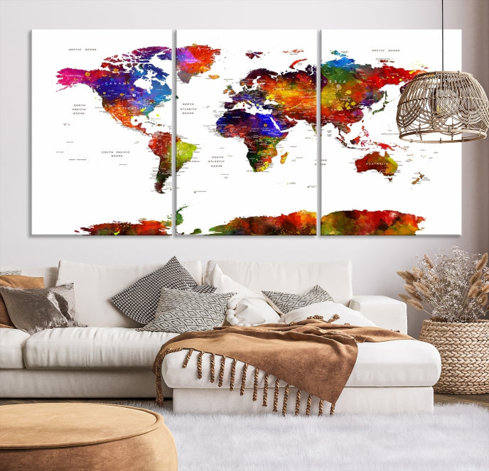 Extra Large Colorful World Map Framed Canvas Wall Art Print