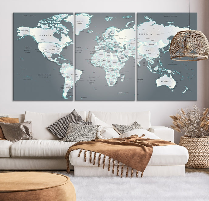 Gray World Map Push Pin Travel Map Canvas Wall Art Giclee Print