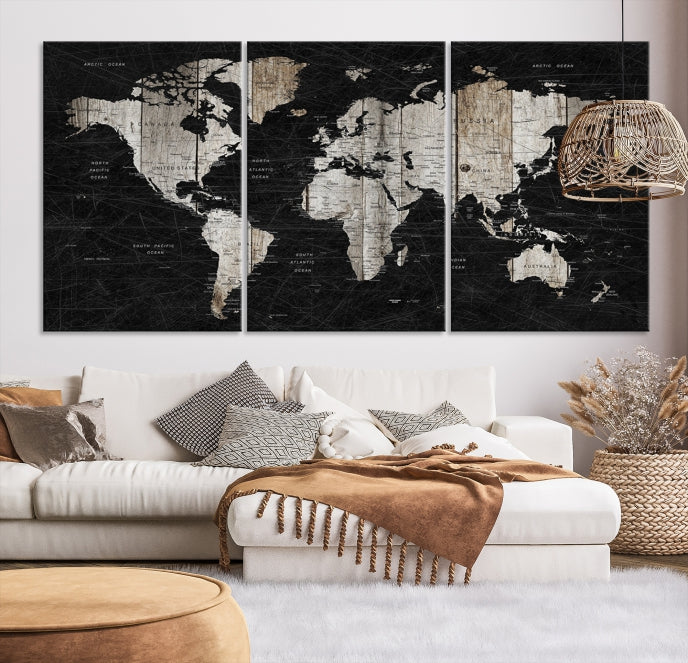 Black Push Pin World Map Detailed Framed Wall Art Canvas Print