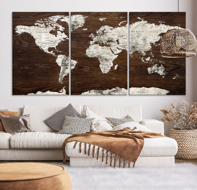 White Coloured World Map on Brown Background Large Canvas Print Wall Art