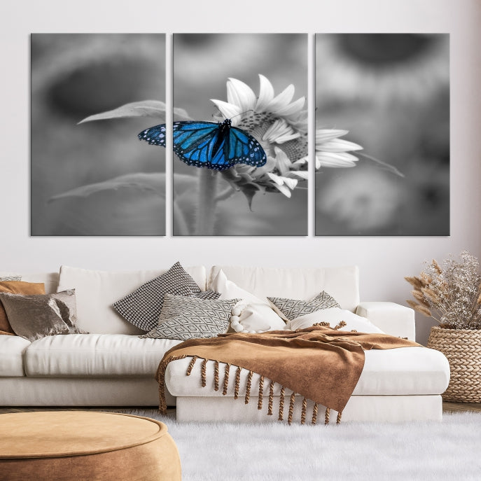 Pretty Blue Butterfly Black and White Canvas Wall Art Print Framed Ready to Hang