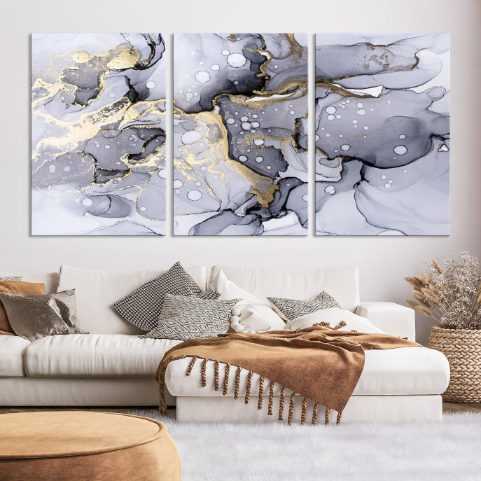 Gray Gold Abstract Painting on Giclee Canvas Wall Art Print Framed