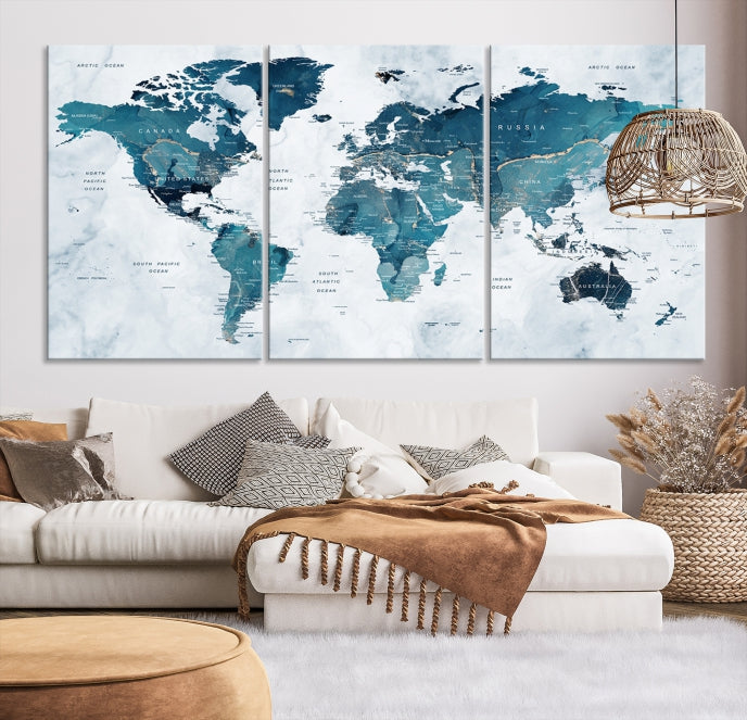 Blue World Map Extra Large Wall Art Canvas Print