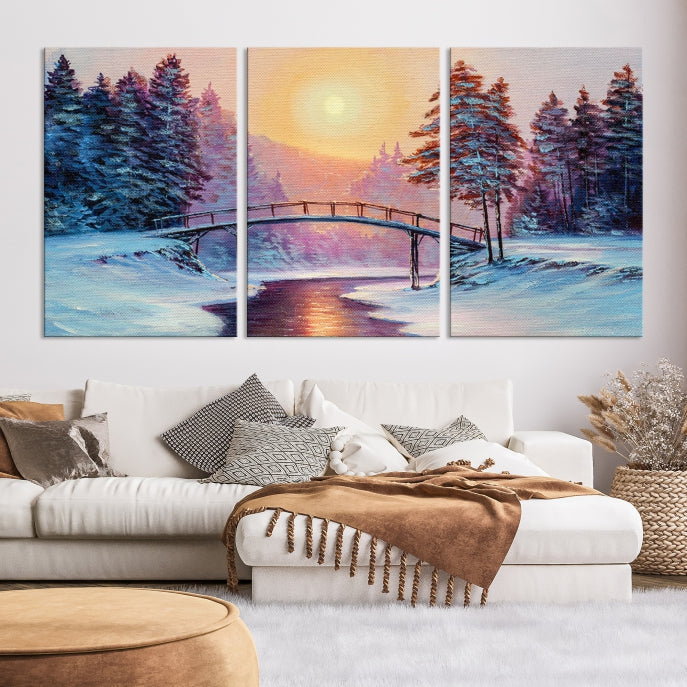 Beautiful Winter Landscape Painting Snowy Bridge Giclee Canvas Extra Large Wall Art Print