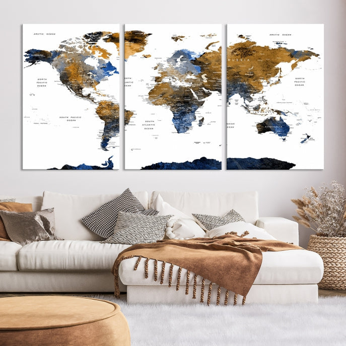 Push Pin Watercolor World Map Framed Canvas Wall Art Print