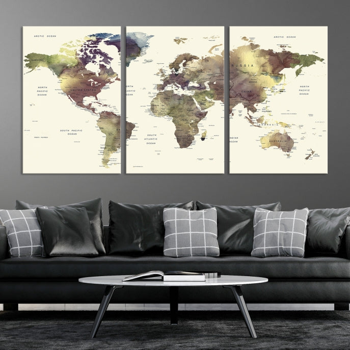Vivid Colors Detailed World Map Wall Art Push Pin Travel Map Canvas Print