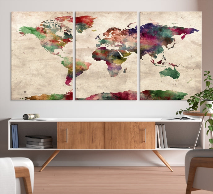 Colorful Watercolor World Map Framed Canvas Wall Art Giclee Print