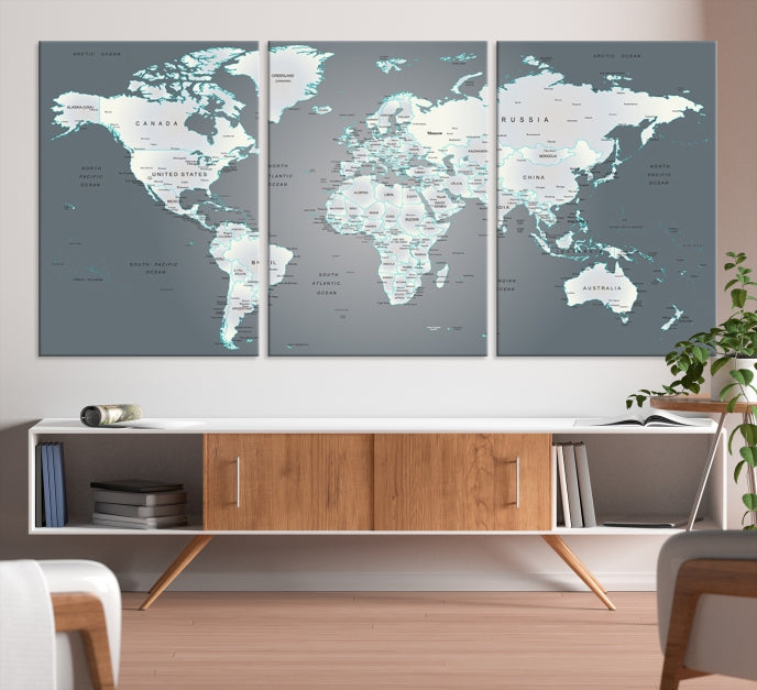 Gray World Map Push Pin Travel Map Canvas Wall Art Giclee Print