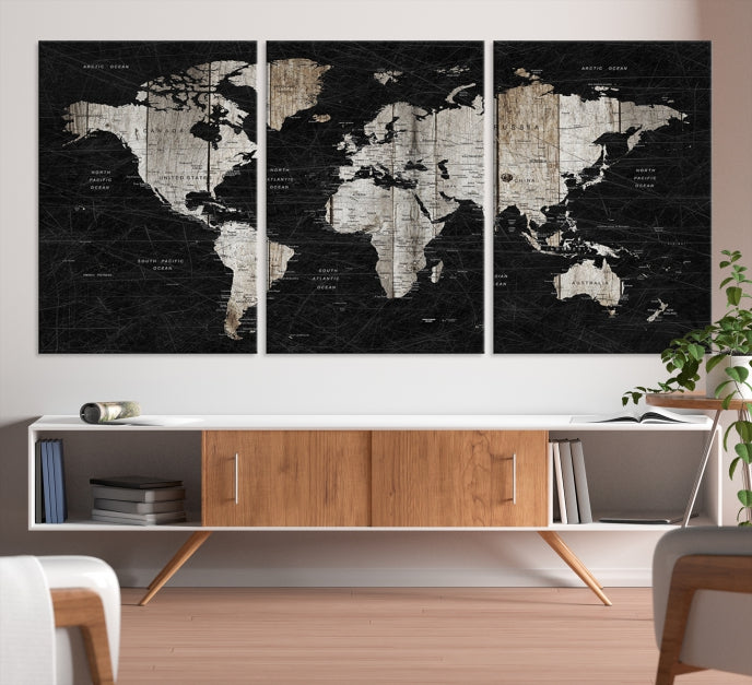 Black Push Pin World Map Detailed Framed Wall Art Canvas Print