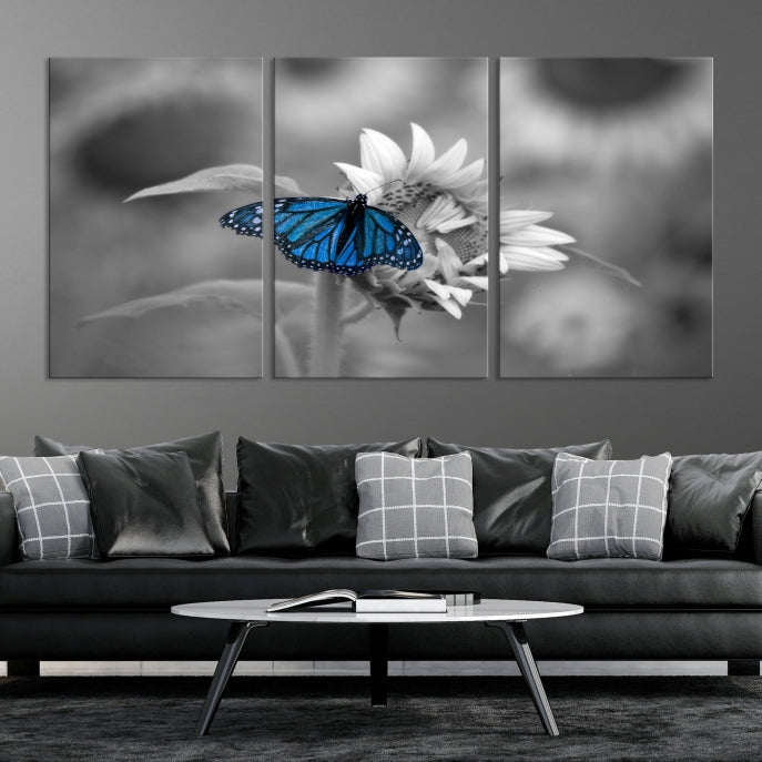 Pretty Blue Butterfly Black and White Canvas Wall Art Print Framed Ready to Hang