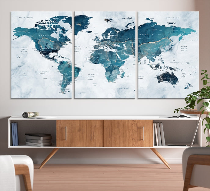 Blue World Map Extra Large Wall Art Canvas Print