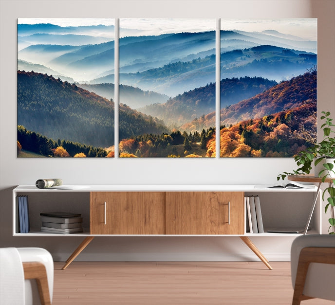 Mountain Misty Forest Foggy Autumn Framed Canvas Wall Art Giclee Print