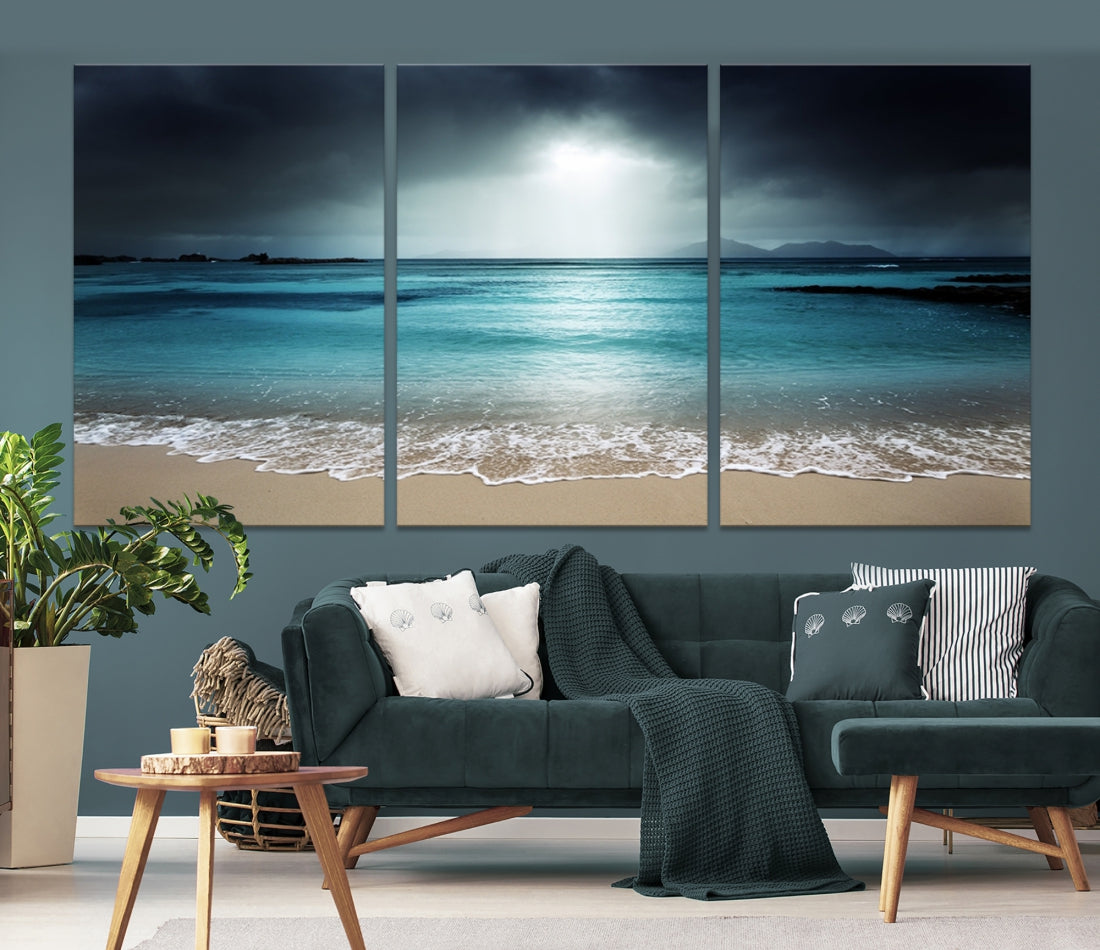 Dark Sky Bright Ocean Beach Large Wall Art Canvas Print