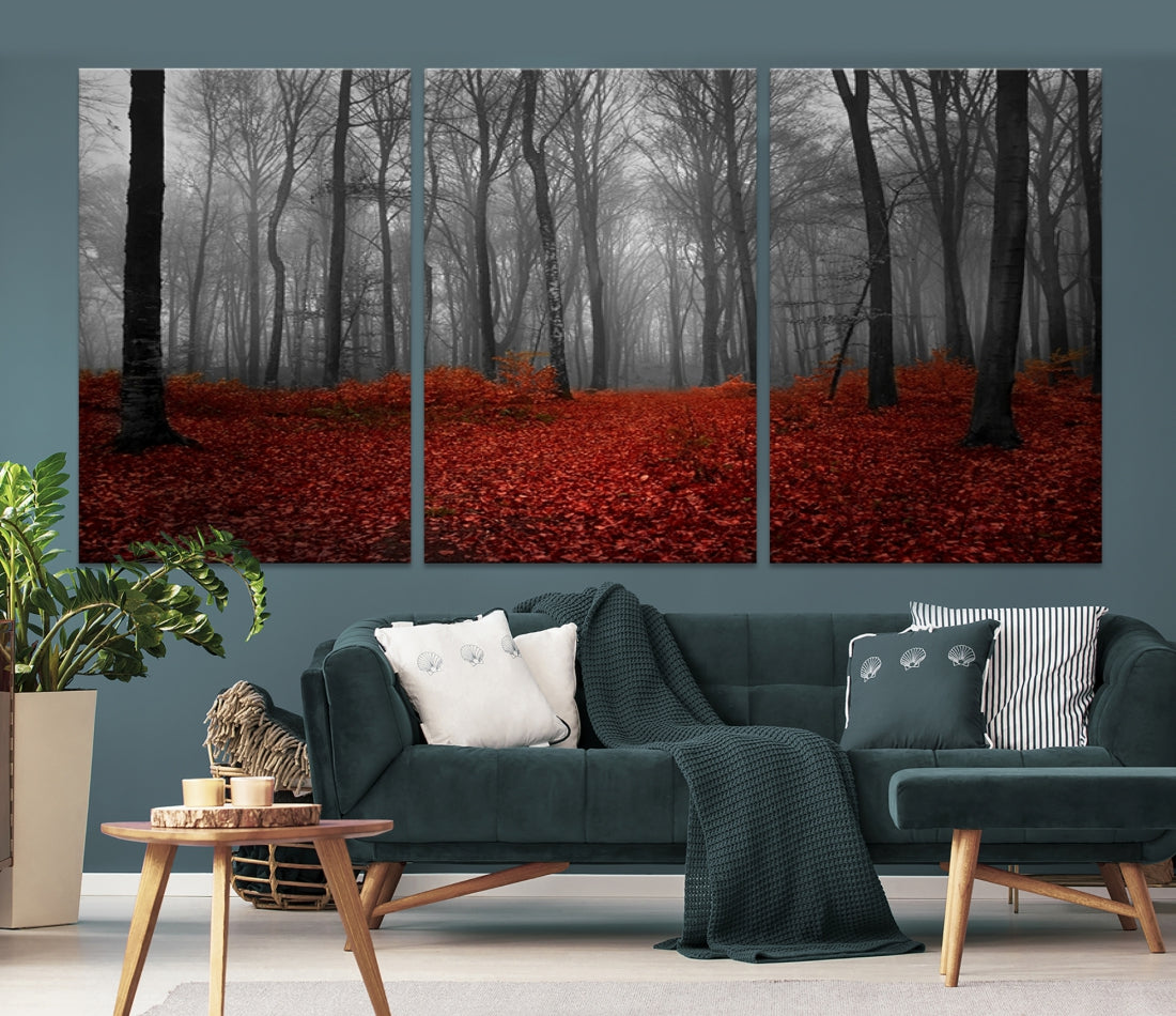 Foggy Forest with Red Leaves Autumn Landscape Giclee Canvas Extra Large Wall Art Print